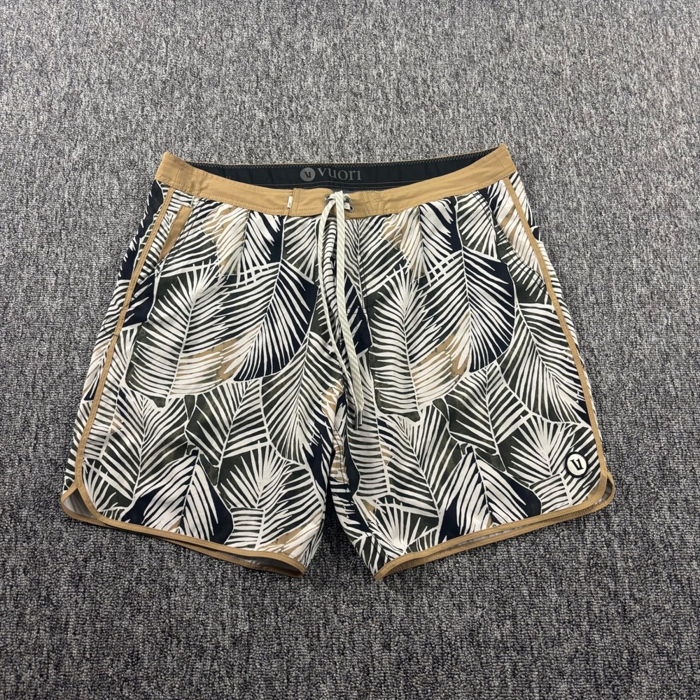 Vuori Cruise Board Shorts Palm Leaf Graphic Performance Swim Trunks Tan Black 36